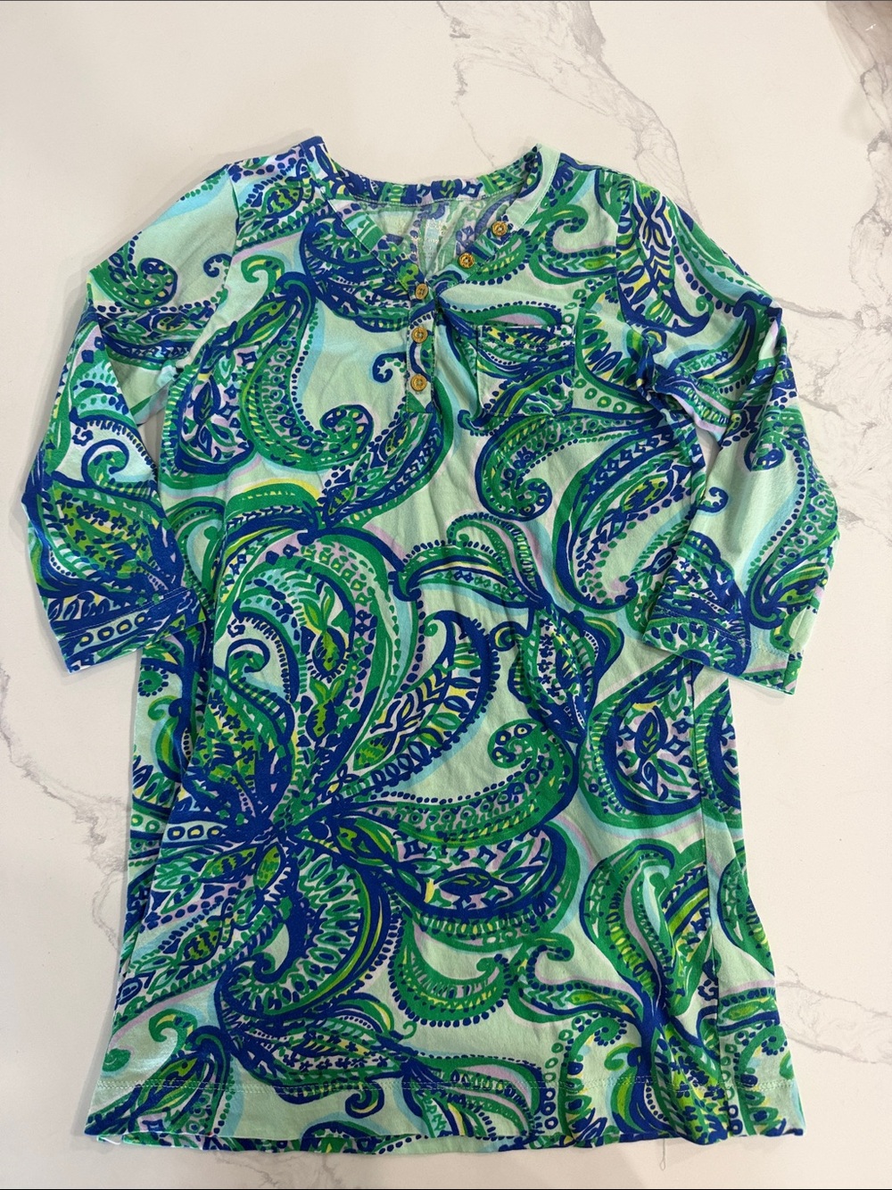 Lilly Pulitzer Blue & Green Paisley Henley Tunic Top